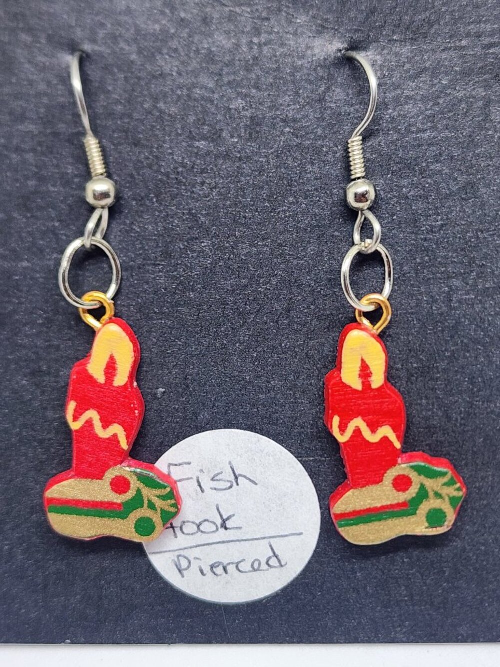 Holiday Christmas Red Gold Green Candles Wood  Handmade Dangle Pierced Earrings
